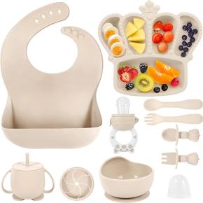 Silicone Baby Feeding Set of 10 Weaning Products, Suction Cup Divider, Baby Bib, Fruit Feeder, Baby Spoon, Fork Duckbill Cup
