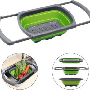 Scalable Handle Double-layer Filter Screen Silicone Folding Basin Drip Water Washing Vegetable Kitchen Essential Artifact