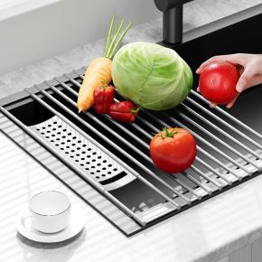 Collapsible Silicone Dish Drying Rack, Roll Up Foldable Sink Organizer, Over Sink Drain Mat