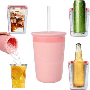 Multifunctional straw cup with ice tray, stainless steel cup with lid, dust-proof cold drink cup, cooling low-temperature cup
