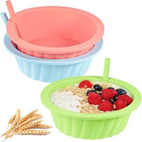 Silicone bowl with straw, shatterproof bowl, reusable silicone bowl for soup, milk and yogurt.