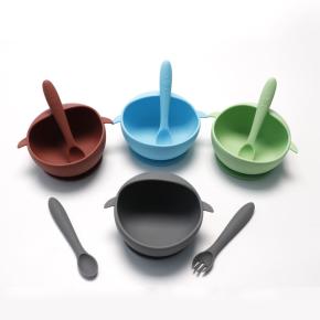 Silicone Baby Feeding Set, Penguin Cartoon Kids Tableware, Suction Bowl with Fork & Spoon for Toddlers
