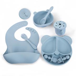 Bear Shaped Baby Tableware Set Silicone Plate Bowl Spoon and Bib Infant Complementary Food Supplies