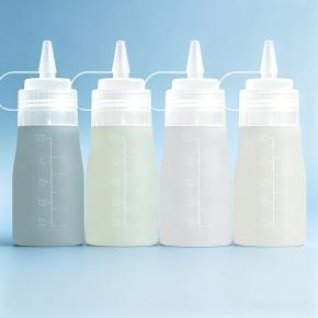 Food Grade Silicone Squeeze Oil Bottle, Interchangeable Thin & Thick Nozzle Caps, Wide Mouth Refillable Sauce Dispenser with Scale for Cooking Oil Ketchup Salad Dressing